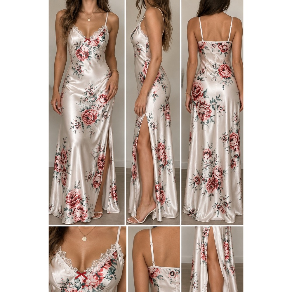 Floral Satin Maxi Slip Dress Romantic Coquette Y2K Lace Garden Print